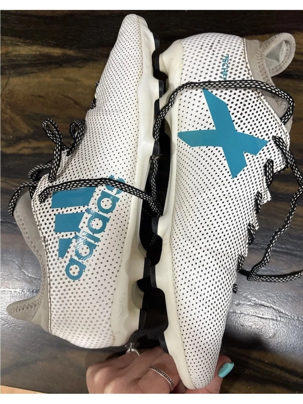Adidas X 17.3 FG football cleats in a white and teal colorway. Size 10&1/2